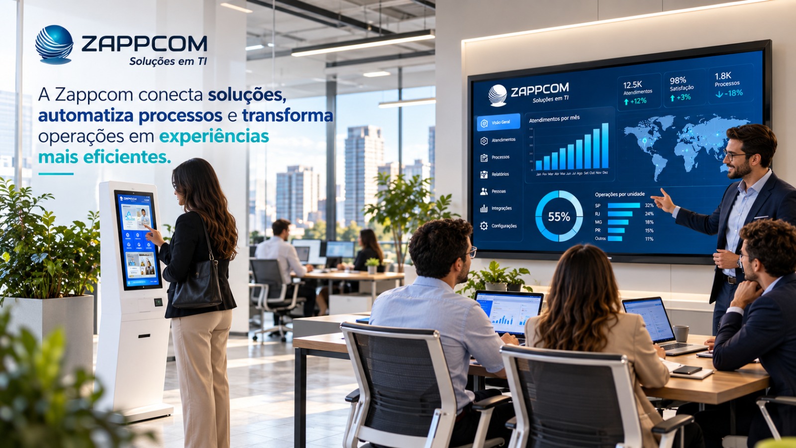 Ambiente corporativo com telas e tecnologia integrada